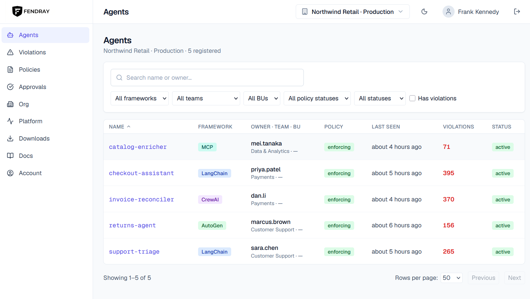 Fendray console agent inventory listing agents across four frameworks