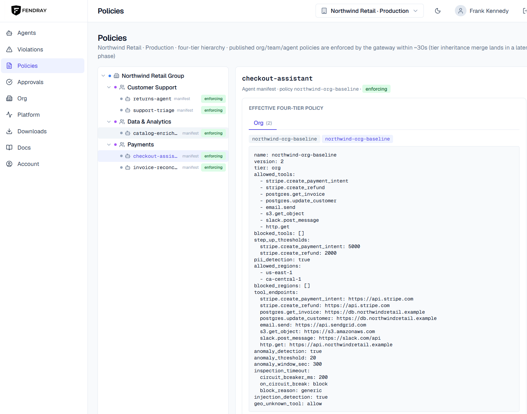 Fendray console showing an org policy, enforcing, as version-controlled YAML